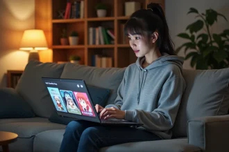 Jeune femme regardant des séries animées sur un site officiel de streaming depuis son canapé