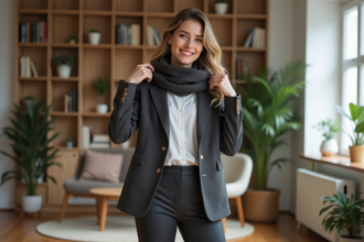 Jeune femme élégante en blazer ajusté et foulard