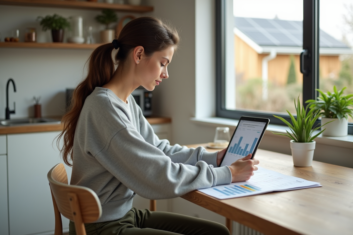Femme étudiant un tableau de performance solaire à la maison