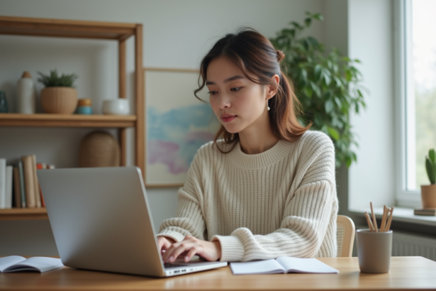 Jeune femme concentrée travaillant sur son ordinateur dans un bureau lumineux