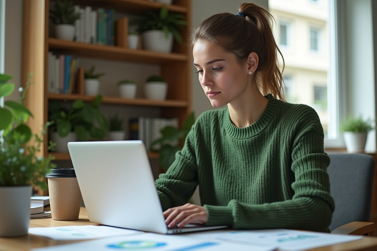 Jeune femme travaillant sur des documents écologiques à la maison