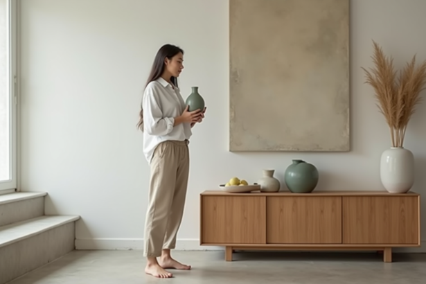 Jeune femme avec vase en sage dans un salon épuré