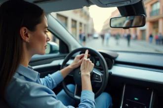 Femme en voiture activant mode autonome dans une voiture moderne