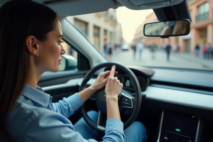 Femme en voiture activant mode autonome dans une voiture moderne