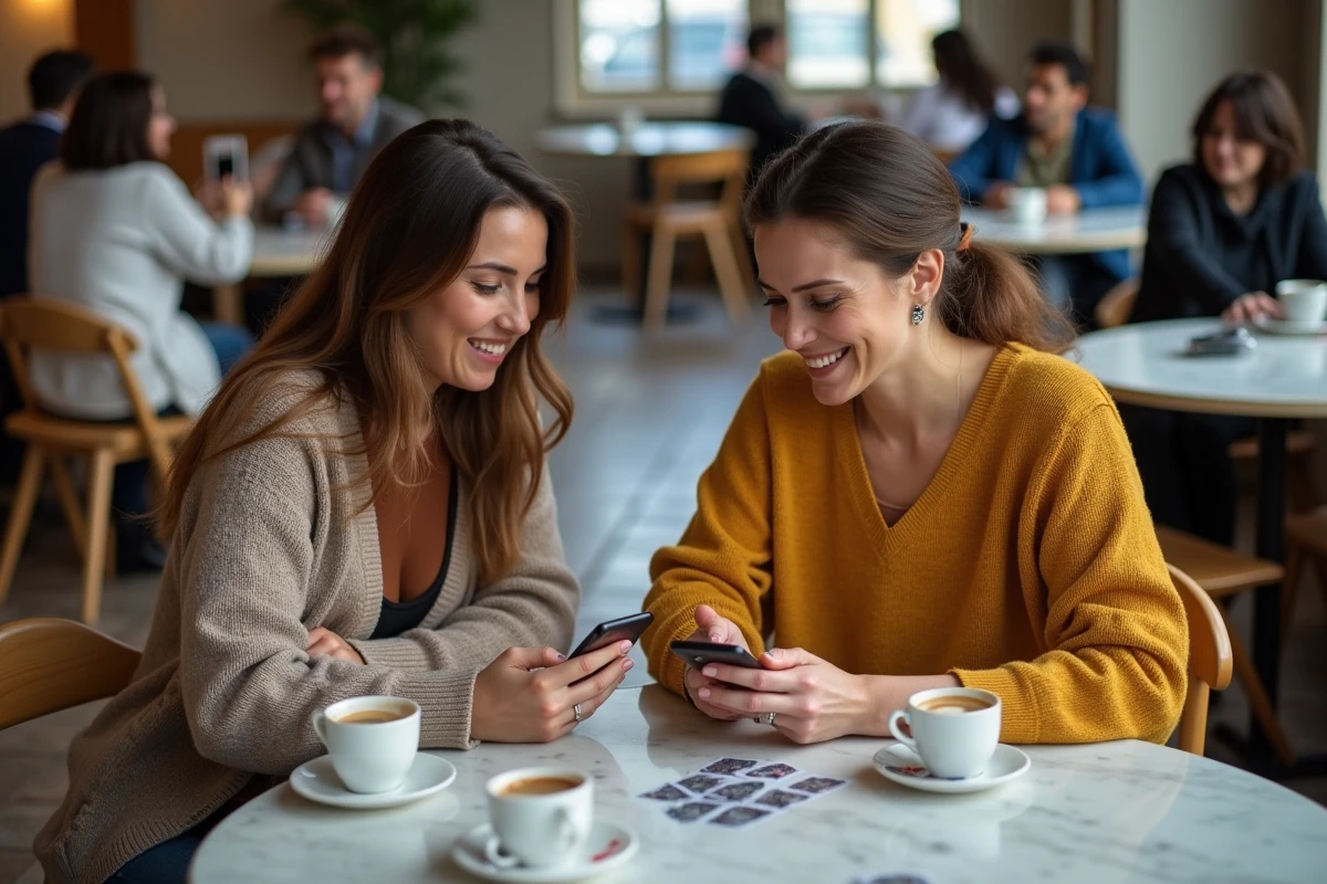 Deux femmes jouant à la coinche en ligne sur leurs smartphones dans un café parisien