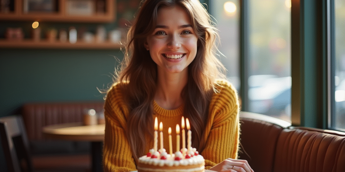 Femme souriante Clara Charlotte avec gâteau d anniversaire