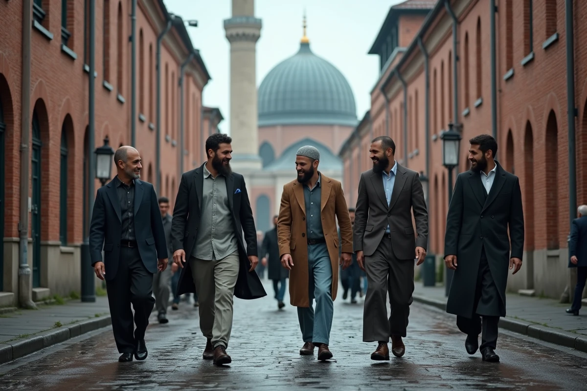 Fidèles musulmans sortant de la mosquée après la prière du vendredi dans les rues de Valenciennes