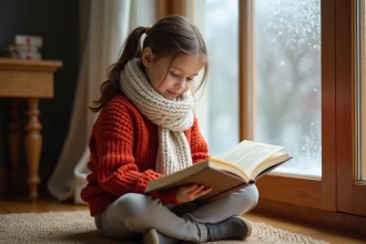 Jeune fille lisant un livre de poésie sur l'hiver près d'une fenêtre givrée, ambiance chaleureuse et hivernale