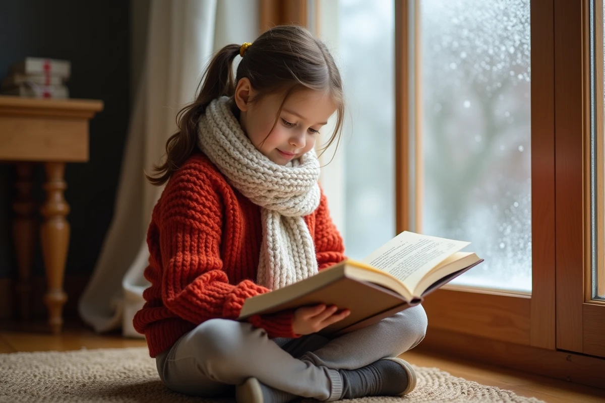 Jeune fille lisant un livre de poésie sur l'hiver près d'une fenêtre givrée, ambiance chaleureuse et hivernale