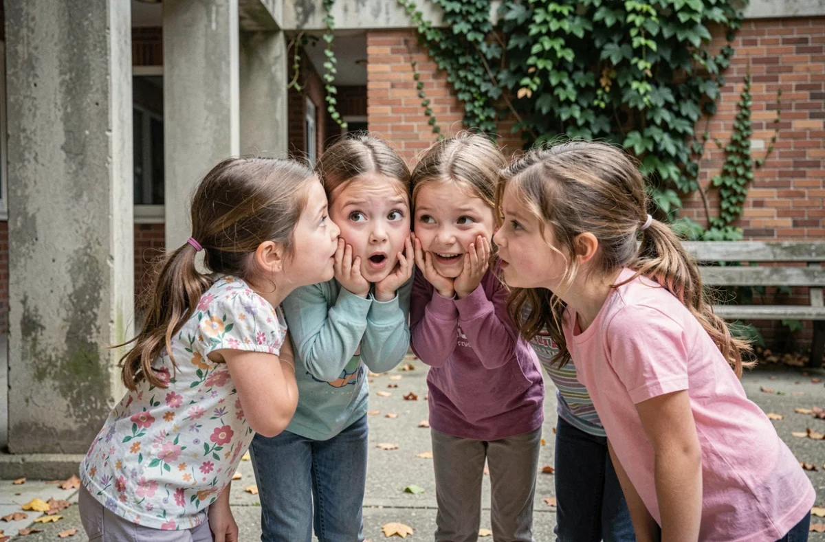 Groupe de filles de CE1 répétant un poème à voix chuchotée dans la cour d'école en automne