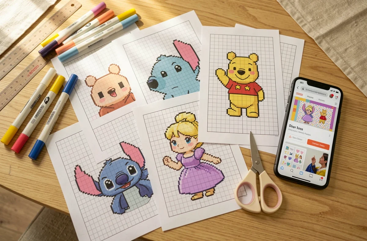 Vue de dessus de plusieurs feuilles de pixel art kawaii Disney imprimées avec des marqueurs et accessoires créatifs sur une table en chêne