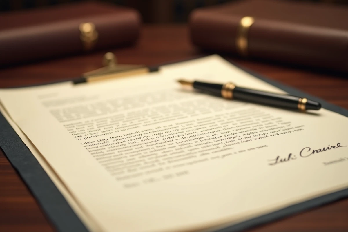 Gros plan sur une lettre administrative formelle posée sur un bureau en bois avec signature manuscrite et stylo plume