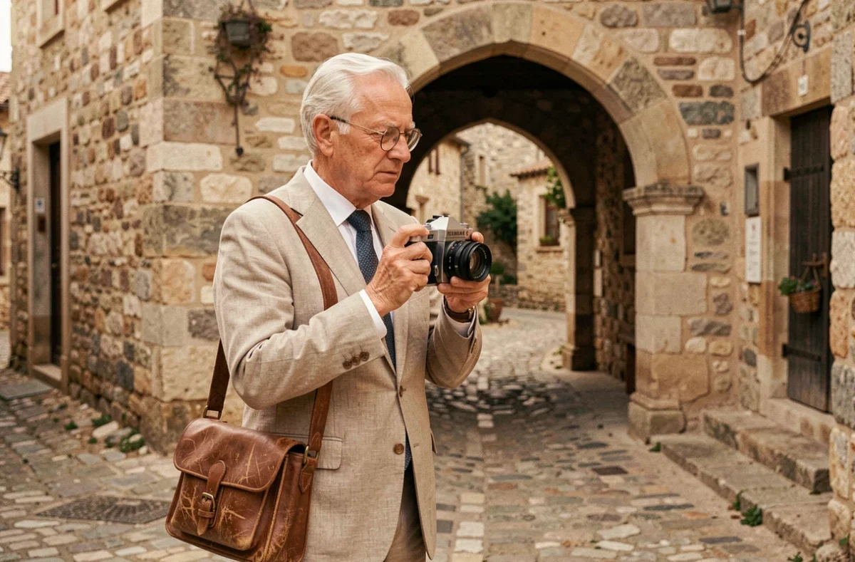 Photographe âgé aux cheveux blancs et lunettes rondes tenant un appareil argentique dans les ruelles médiévales d'un village de l'Hérault