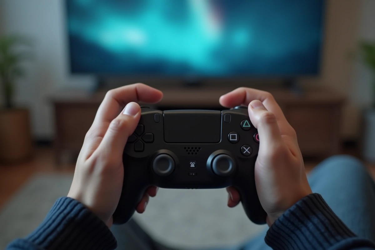 Gros plan de mains tenant une manette de jeu vidéo avec détails tactiles réalistes, expérience manette en main