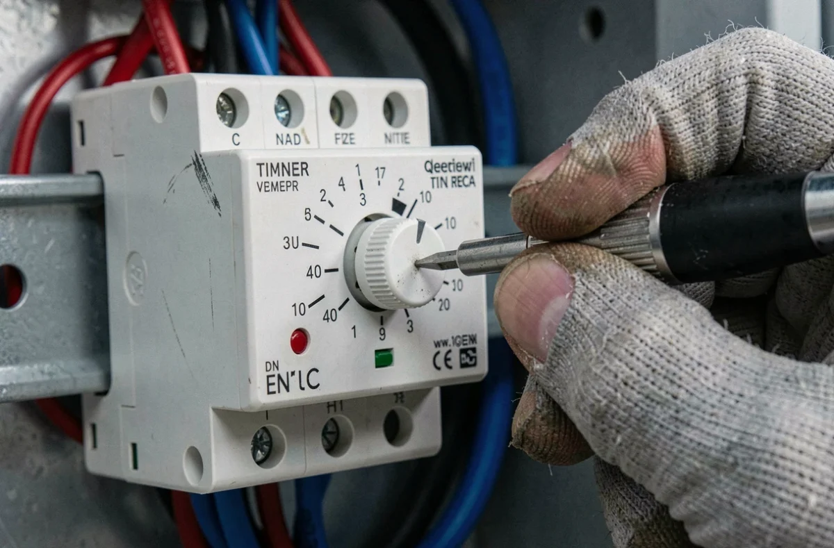 Gros plan sur le réglage des potentiomètres d'un relais temporisé avec un tournevis de précision