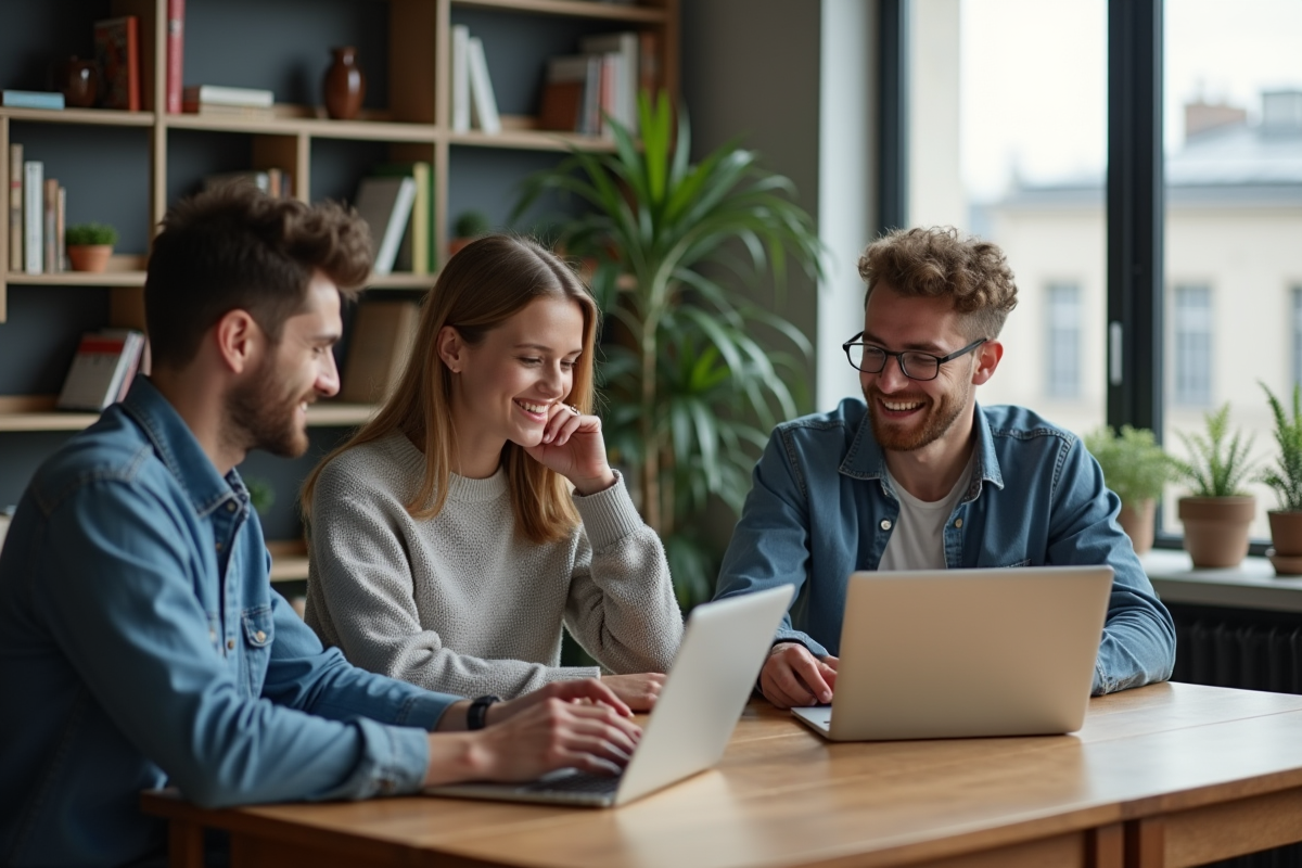 Groupe d'adultes discutant autour d'une table moderne
