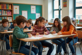 Groupe d'élèves en classe travaillant en équipe