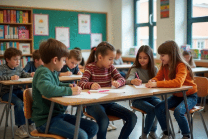 Groupe d'élèves en classe travaillant en équipe