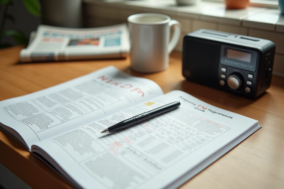 Guide des fréquences radio FM ouvert avec annotations sur une table de cuisine à côté d'une radio portable