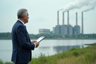 Homme d'affaires observant une usine depuis la rivière