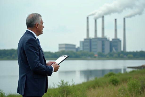 Homme d'affaires observant une usine depuis la rivière