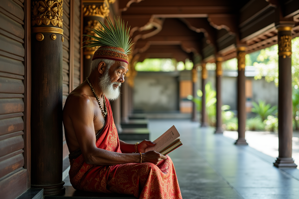 Homme balinais âgé lisant un manuscrit dans le pavillon d Ubud