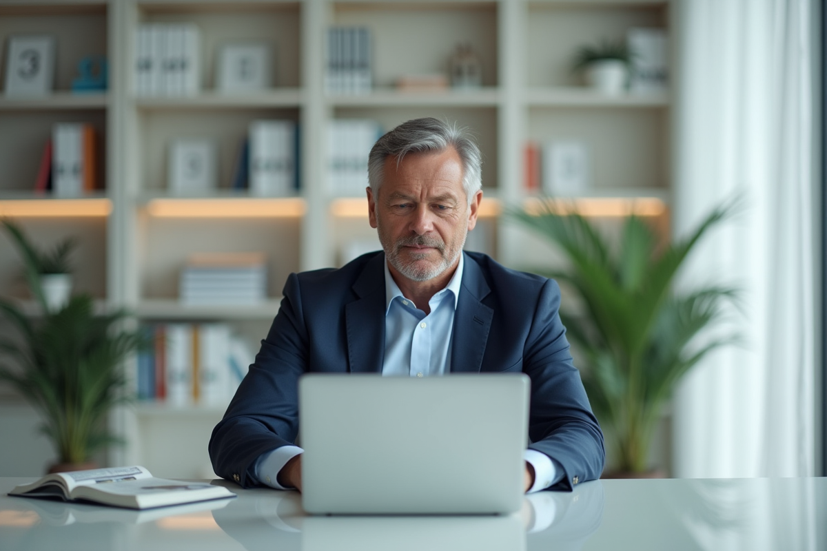 Homme en costume consultant des taux hypothecaires sur son ordinateur