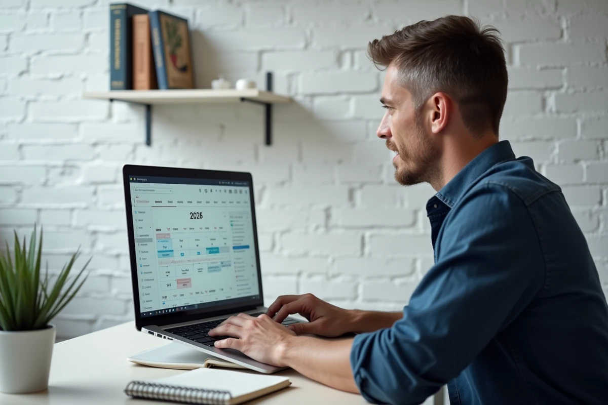 Homme consultant un calendrier numérique 2026 sur ordinateur portable pour organiser ses congés et jours fériés
