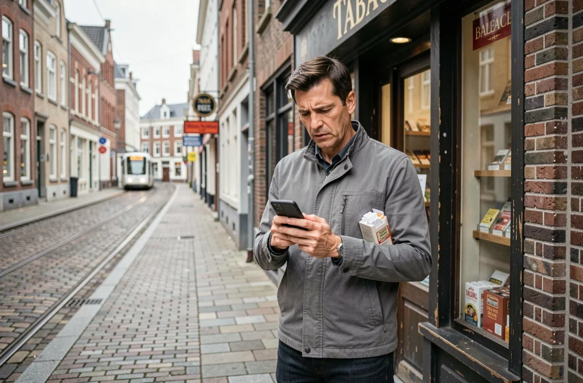 Homme tenant une cartouche de cigarettes devant un bureau de tabac belge en consultant son téléphone portable sur un trottoir pavé