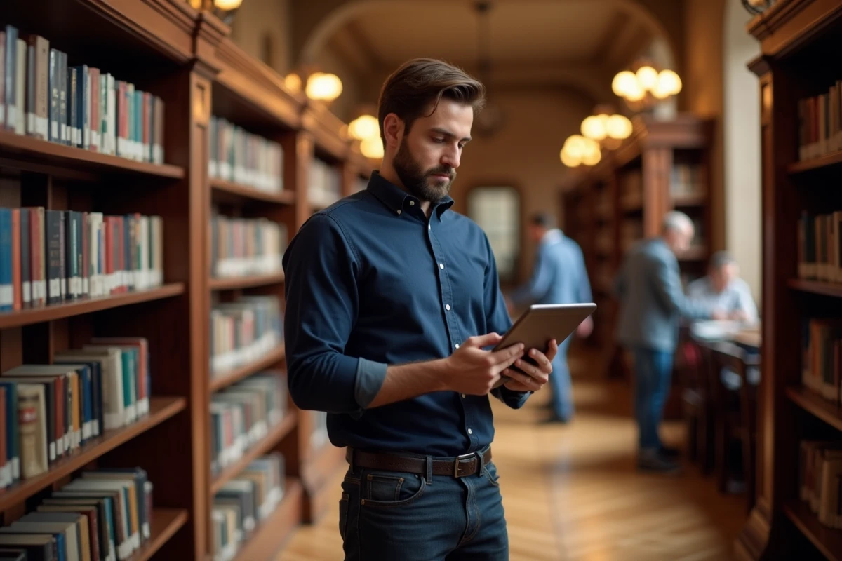 Homme consultant un catalogue de livres numériques sur une tablette dans une grande bibliothèque publique