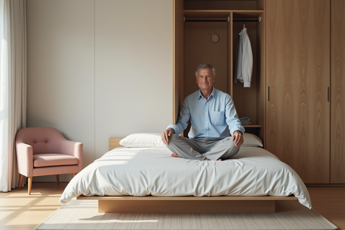 Homme dans une chambre minimaliste ferme une armoire