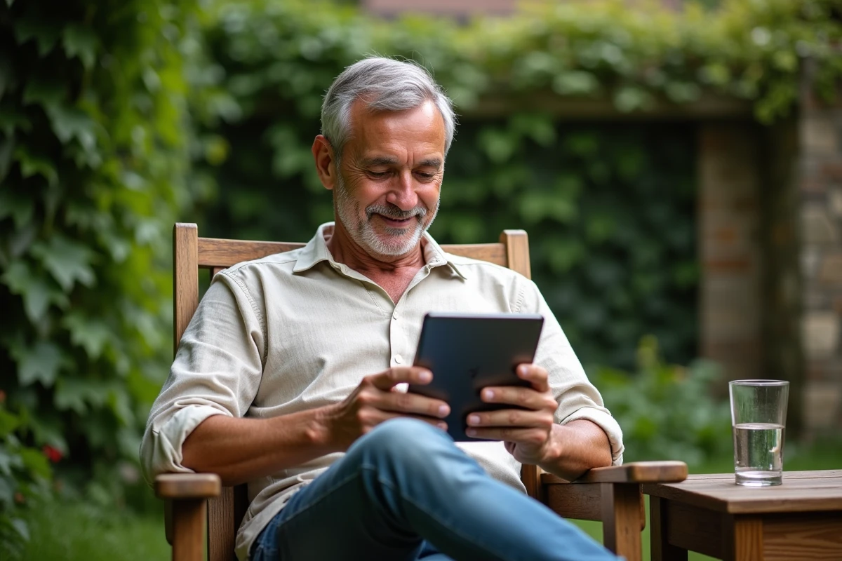 Homme d'âge mûr jouant à la coinche en ligne sur une tablette dans un jardin