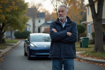 Homme d'âge moyen près d'une voiture électrique dans une rue résidentielle