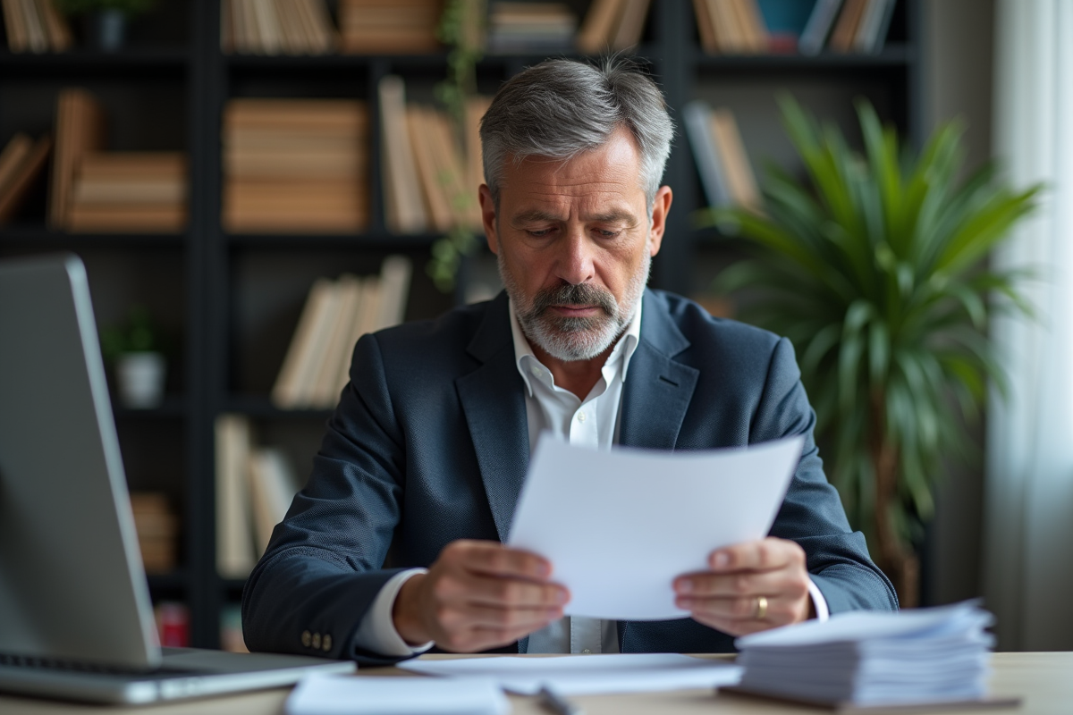 Homme d'affaires réfléchissant à ses factures et plan de dettes
