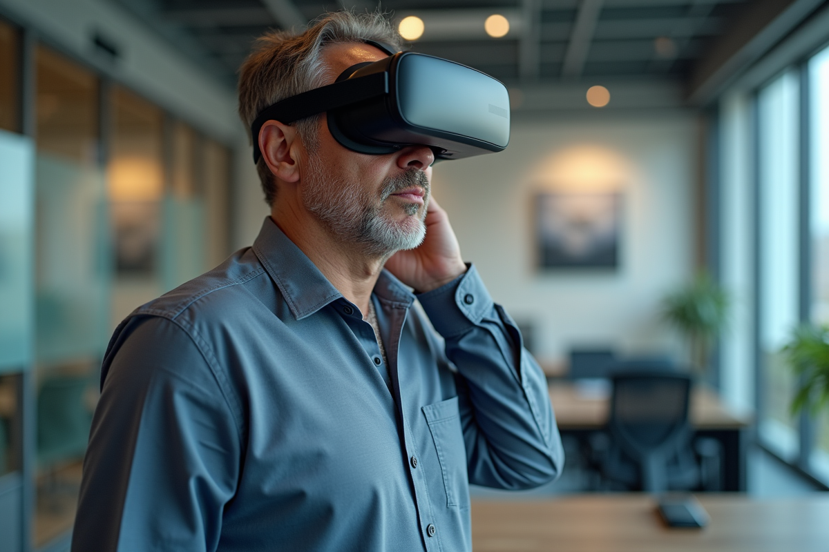 Homme d affaires retireant son casque VR dans un bureau moderne
