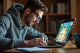 Homme jouant à la coinche en ligne sur un ordinateur portable dans un bureau à domicile confortable