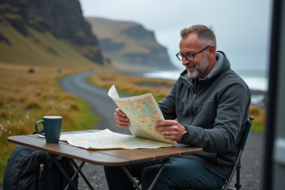 Homme avec carte et paysage islandais en arrière-plan