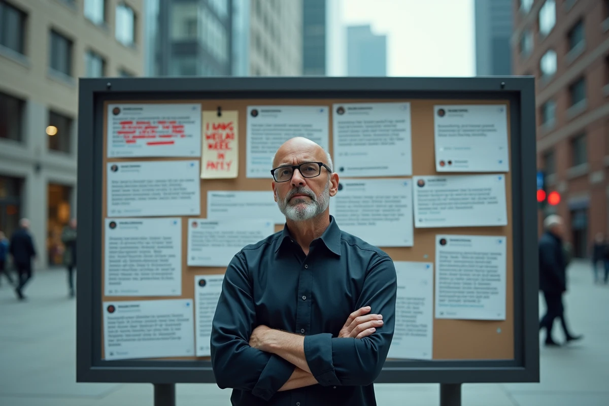 Homme face à un mur de messages de réseaux sociaux symbolisant la pression de l'opinion publique et la cancel culture