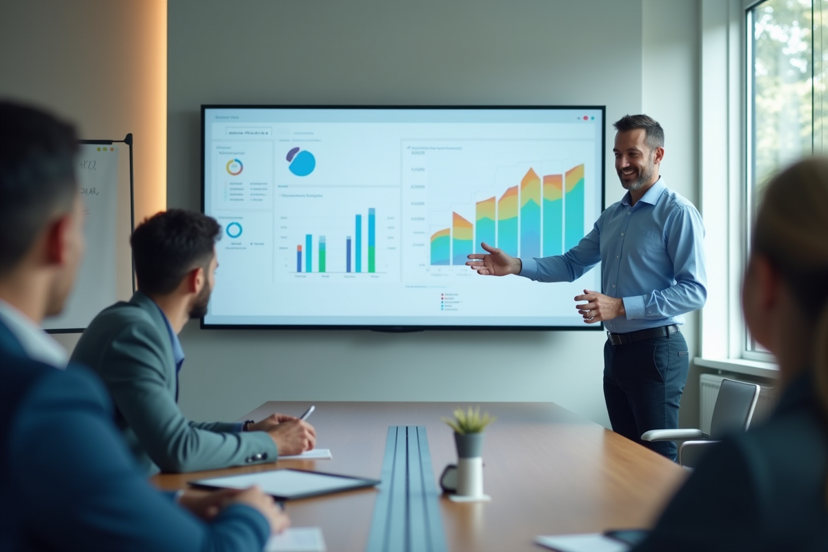 Homme en présentation dans une salle de réunion lumineuse