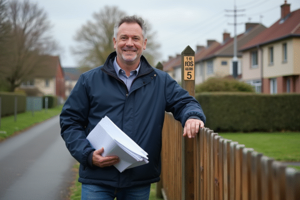 Homme d'âge moyen tenant des documents d'urbanisme devant une clôture