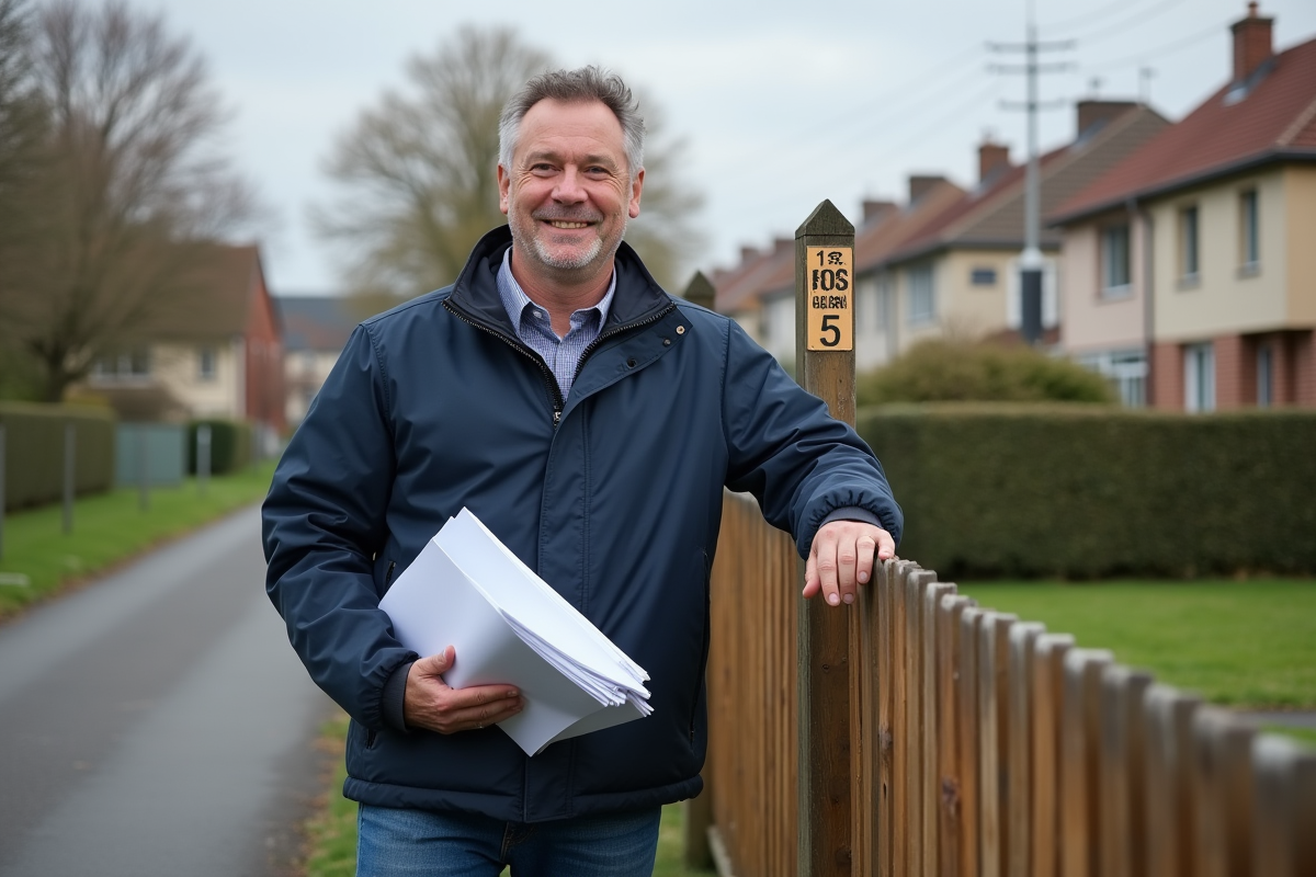Homme d'âge moyen tenant des documents d'urbanisme devant une clôture