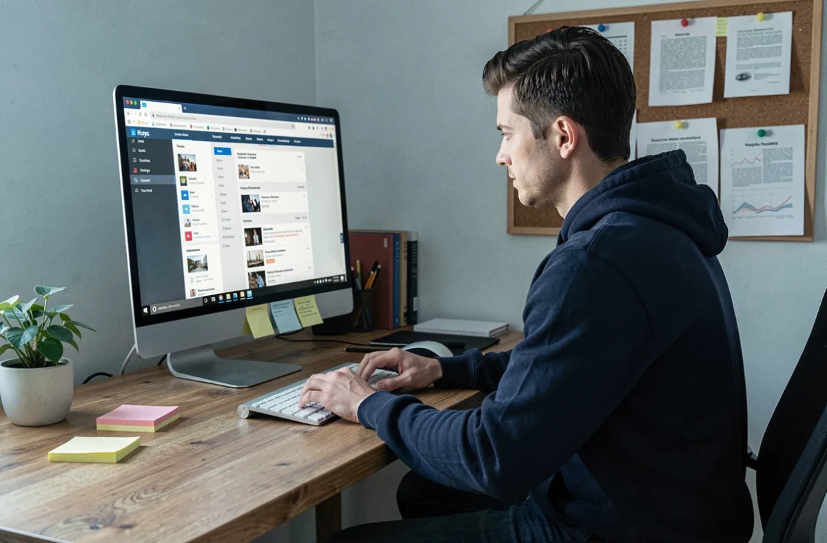 Homme recherchant une nouvelle adresse de site de scantrad sur son ordinateur de bureau