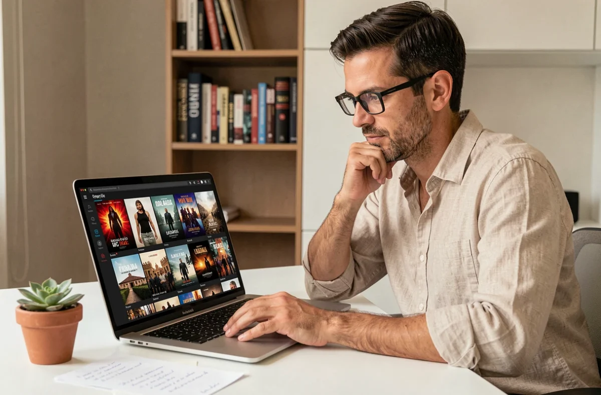 Homme cherchant une série espagnole sur une plateforme de streaming depuis son bureau à domicile