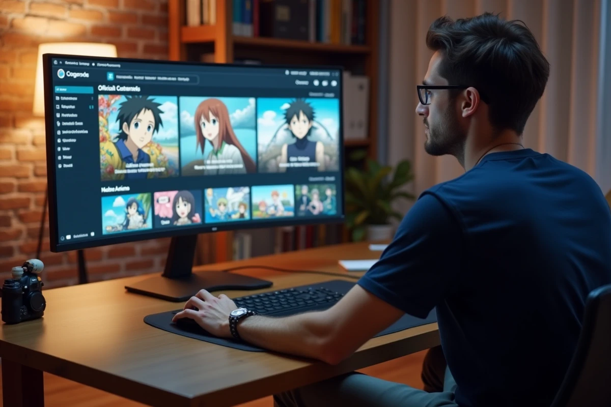 Homme recherchant des séries animées sur un site de streaming officiel depuis son bureau à domicile