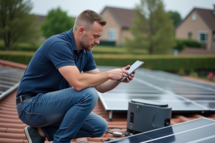 Homme vérifiant un panneau solaire sur le toit avec tablette
