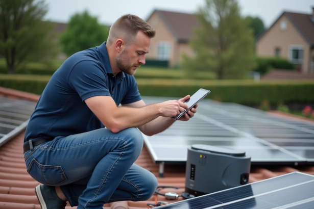 Homme vérifiant un panneau solaire sur le toit avec tablette