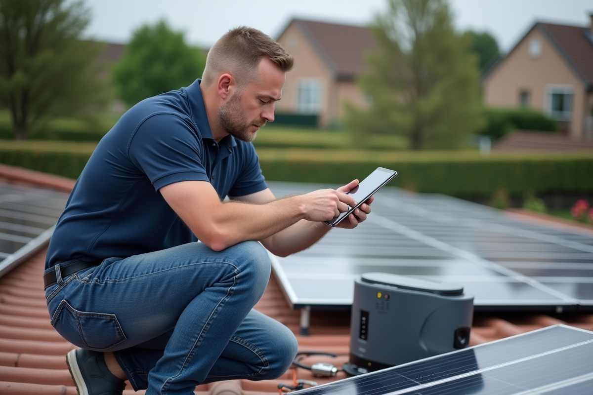 Homme vérifiant un panneau solaire sur le toit avec tablette