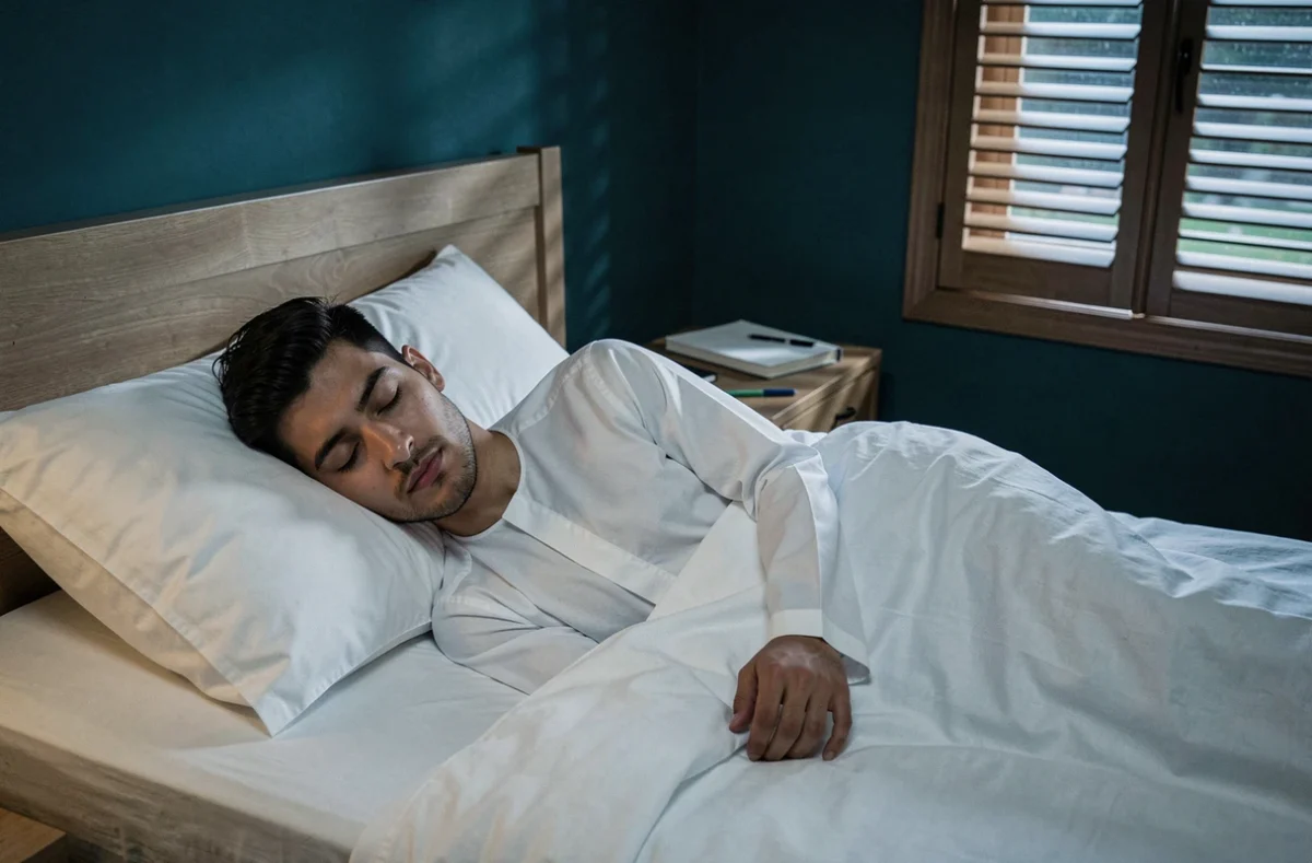 Homme endormi dans une chambre paisible la nuit, atmosphère de sommeil et de rêve en lien avec la prière de l'istikhara