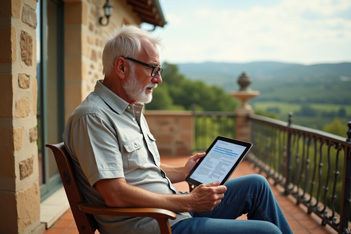 Homme âgé regardant ses documents fiscaux sur la terrasse