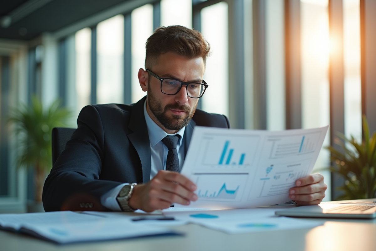 Homme concentré en réunion dans un bureau lumineux
